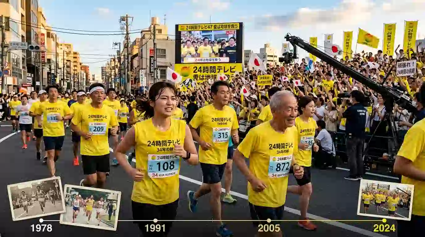 24時間テレビ チャリティーマラソン歴代ランナーの完全ガイド - 1992年から2025年まで全34回の記録を網羅。黄色いチャリティーTシャツを着た様々な年齢層のランナーたちが道路を走り、応援する観客が旗やバナーを掲げる感動的なマラソンシーン