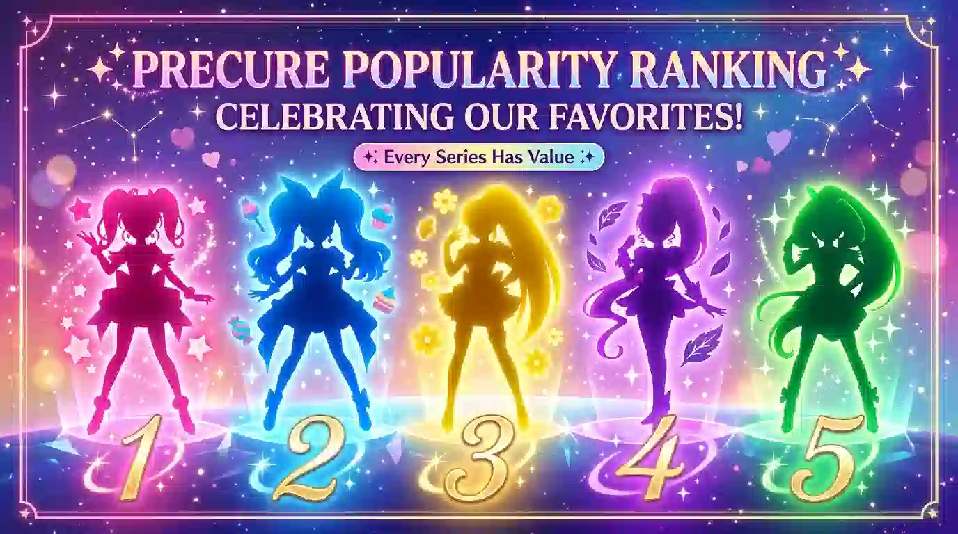 プリキュア人気ランキング最下位分析のヒーロー画像。5人の魔法少女シルエットがカラフルなオーラとともに並び、ランキング数字が浮かぶ。全てのシリーズに価値があることを象徴する希望的なビジュアル。