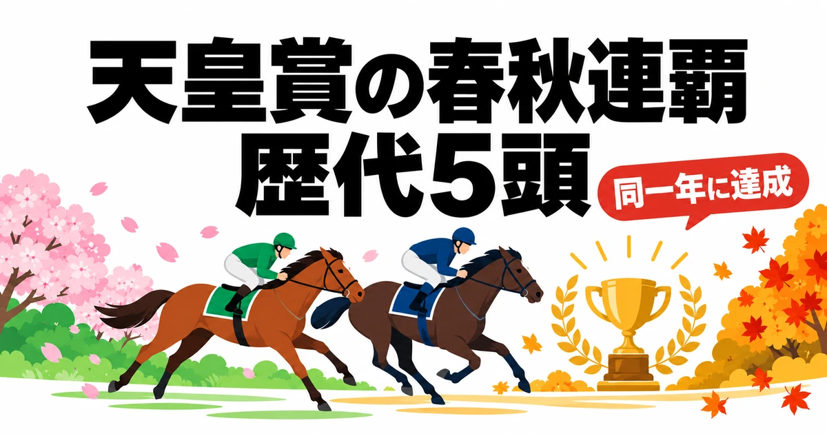 春と秋を象徴する2頭の競走馬とトロフィーを描いた、天皇賞春秋連覇の歴代5頭のアイキャッチ